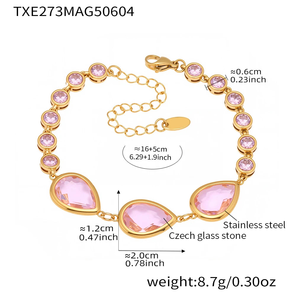 Colorful Waterdrop Stainless Steel Necklace for Women Luxury Czech Glass Gold Plated Cuff Open Bangle Charm Jewelry