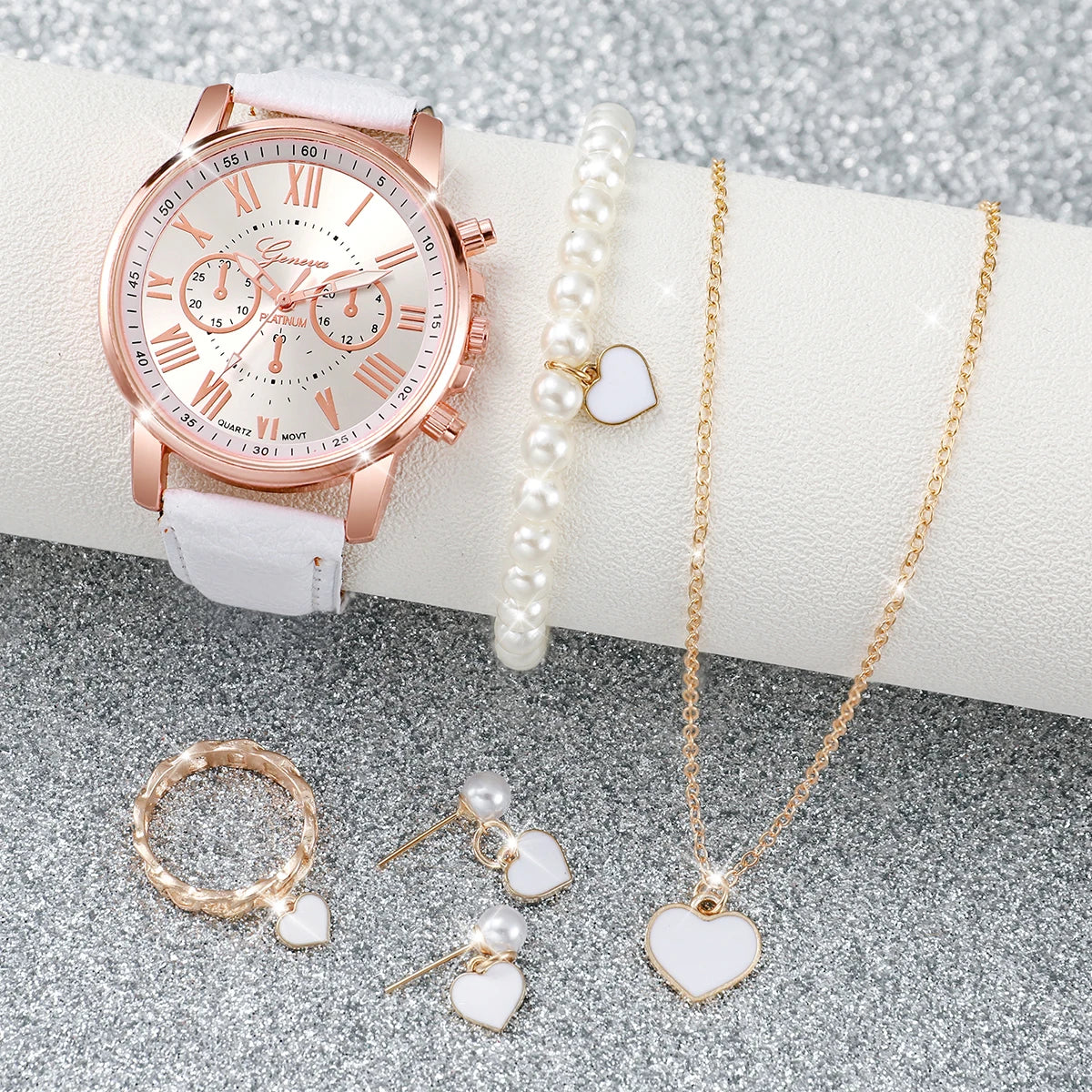 6PCS/Set Women's Watch Fashion Roma Dial Quartz Watch Casual Leather Band Wristwatches Pearls Heart Jewelry Set（Without Box）