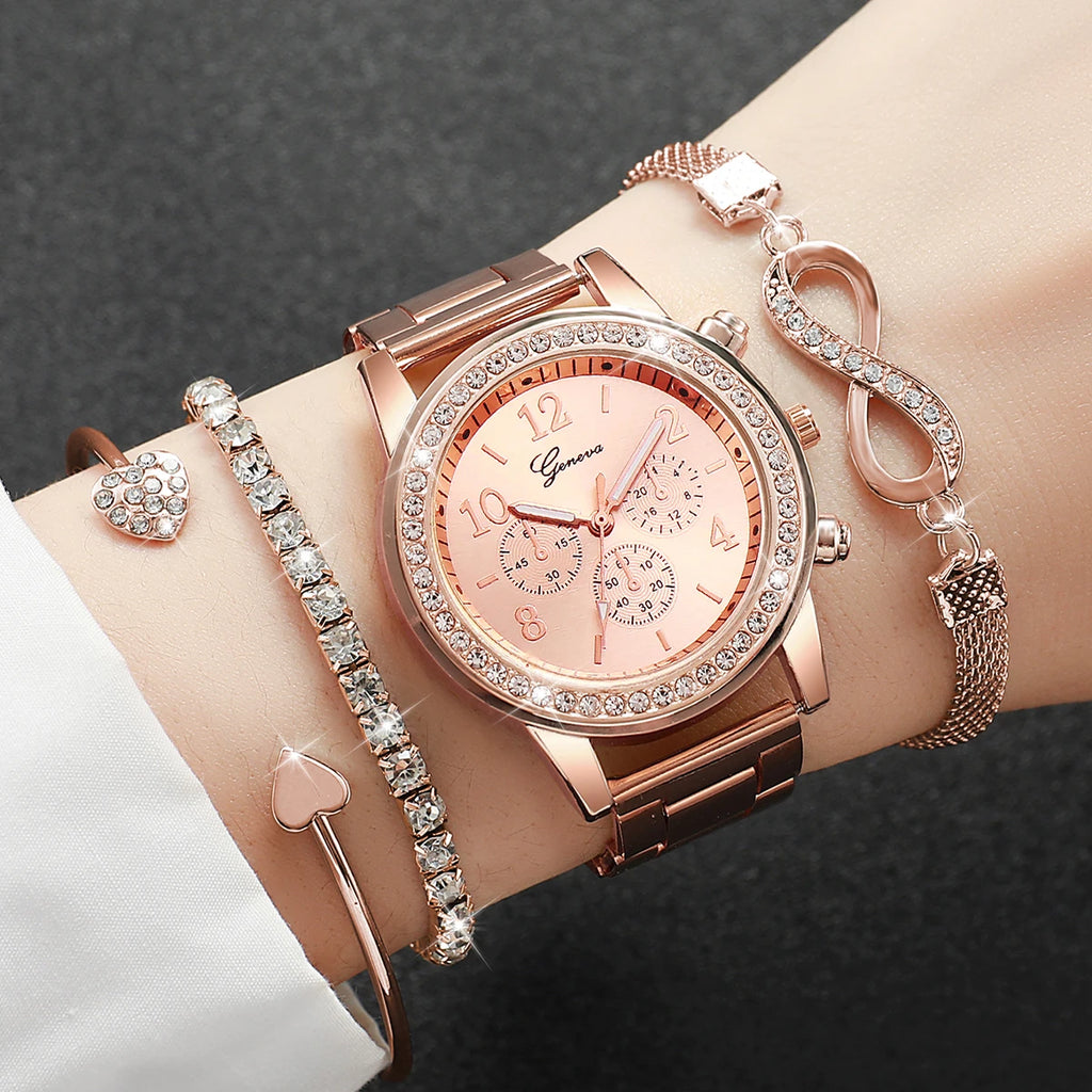 4PCS Fashion Women Watch Luxury Rhinestone Steel Band Ladies Quartz Watch Bracelet Set Relogio Feminino（Without Box）