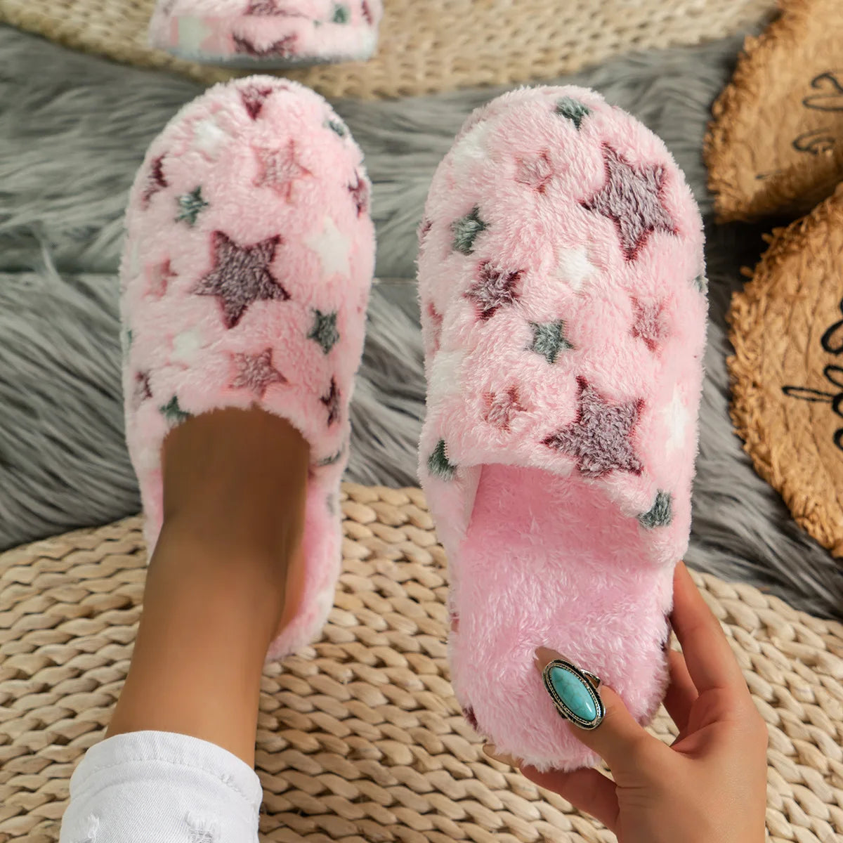 Winter Warm Plush Slippers Women Indoor Five Pointed Stars Soft Light Home Slides Lovely Couples Cartoon Cute Floor Shoes