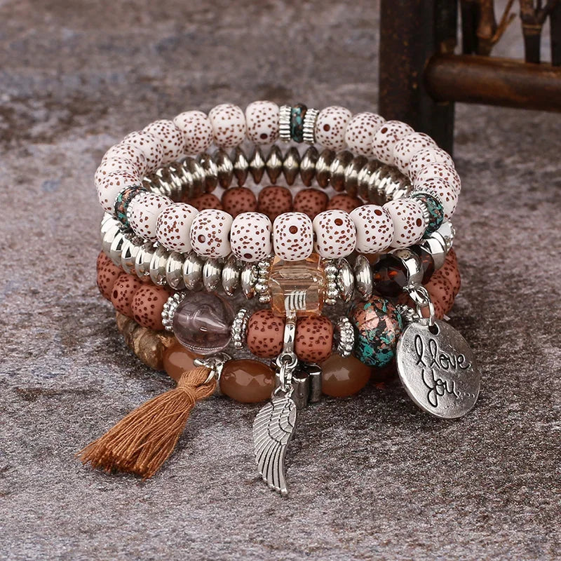 4Pcs Bohemian Beaded Bracelet Set For Women I Love You Letter Round Wing Tassel Charm Elastic Chain Bangle Girls Boho Jewelry