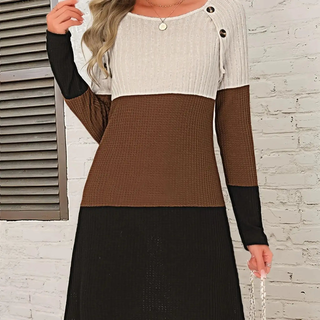 Women's Color Block Waffle Knit Long Sleeve Dress with Button Detail - Fall Winter Casual Elegant Outfit