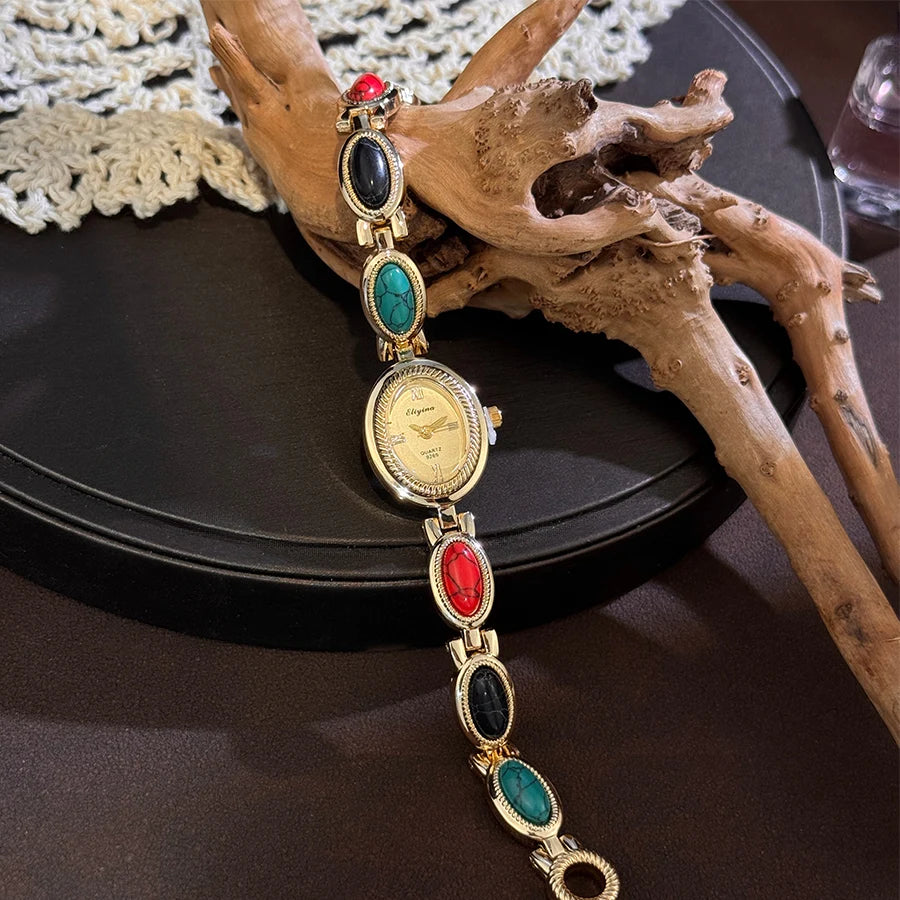 Colorful Turquoise Ladies Wristwatch Bracelet New Popular Luxury Vintage Stone Embedded Elegance Quartz Watch for Women