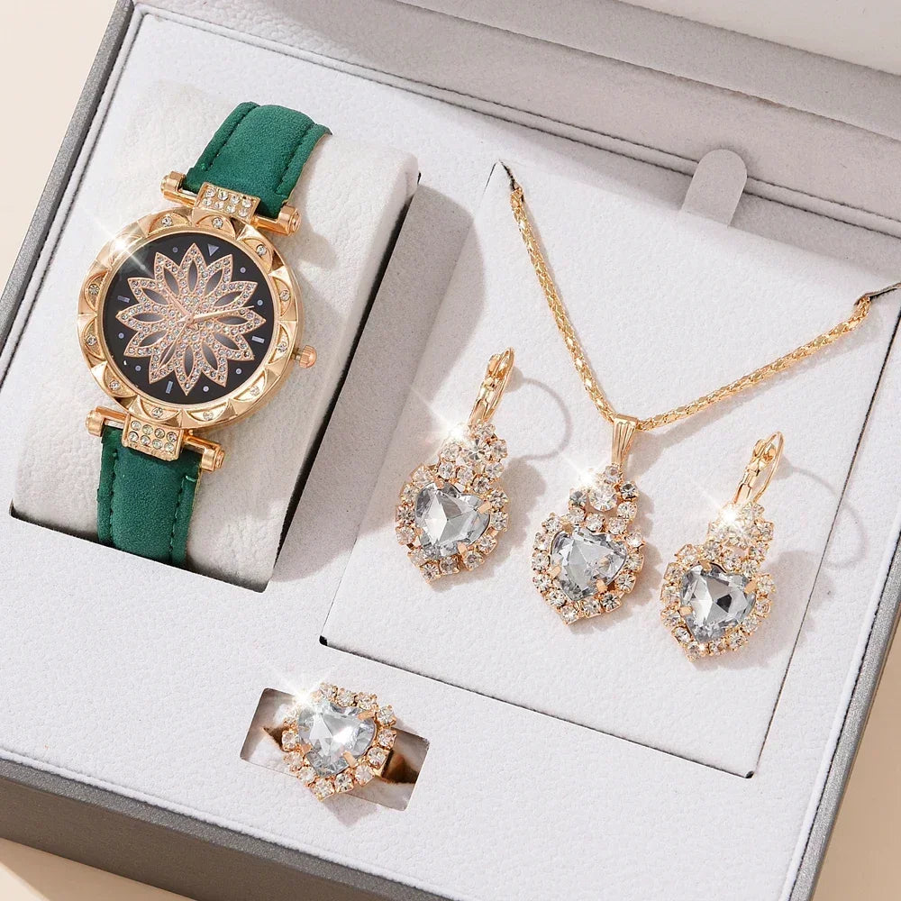 5/6PCS Set Rose Gold Luxury Watch Women Ring Necklace Earring Rhinestone Fashion Wristwatch Casual Ladies Bracelet( No Box)