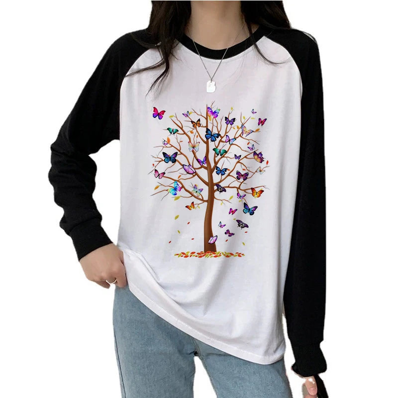Butterfly Tree Print Long Sleeve T-Shirt All Seasons Funny Gothic T Shirt Women's Casual Print Crew Neck Top Tee Tshirt Clothing