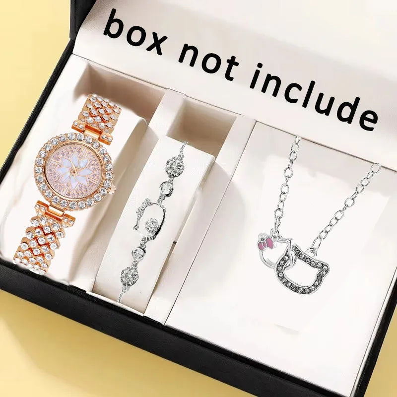 3 PCS/Set Sanrio Luxury Women Diamond Rhinestone Fashion Elegant Wristwatch Quartz Watch Hello Kitty necklace bracelet For Girl