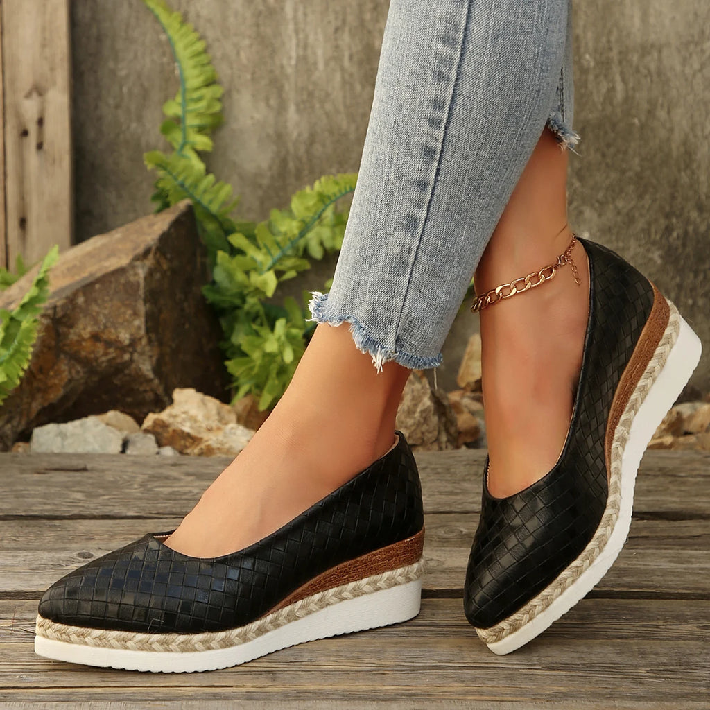 2025 New High Heels Pointed Toe Comfortable High-Heeled Shoes Ladies Shallow Mouth Lace-Up Clogs Wedge Platform Women Sneakers