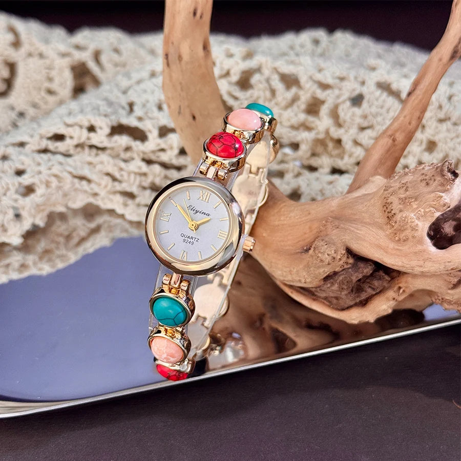 Colorful Turquoise Ladies Wristwatch Bracelet New Popular Luxury Vintage Stone Embedded Elegance Quartz Watch for Women