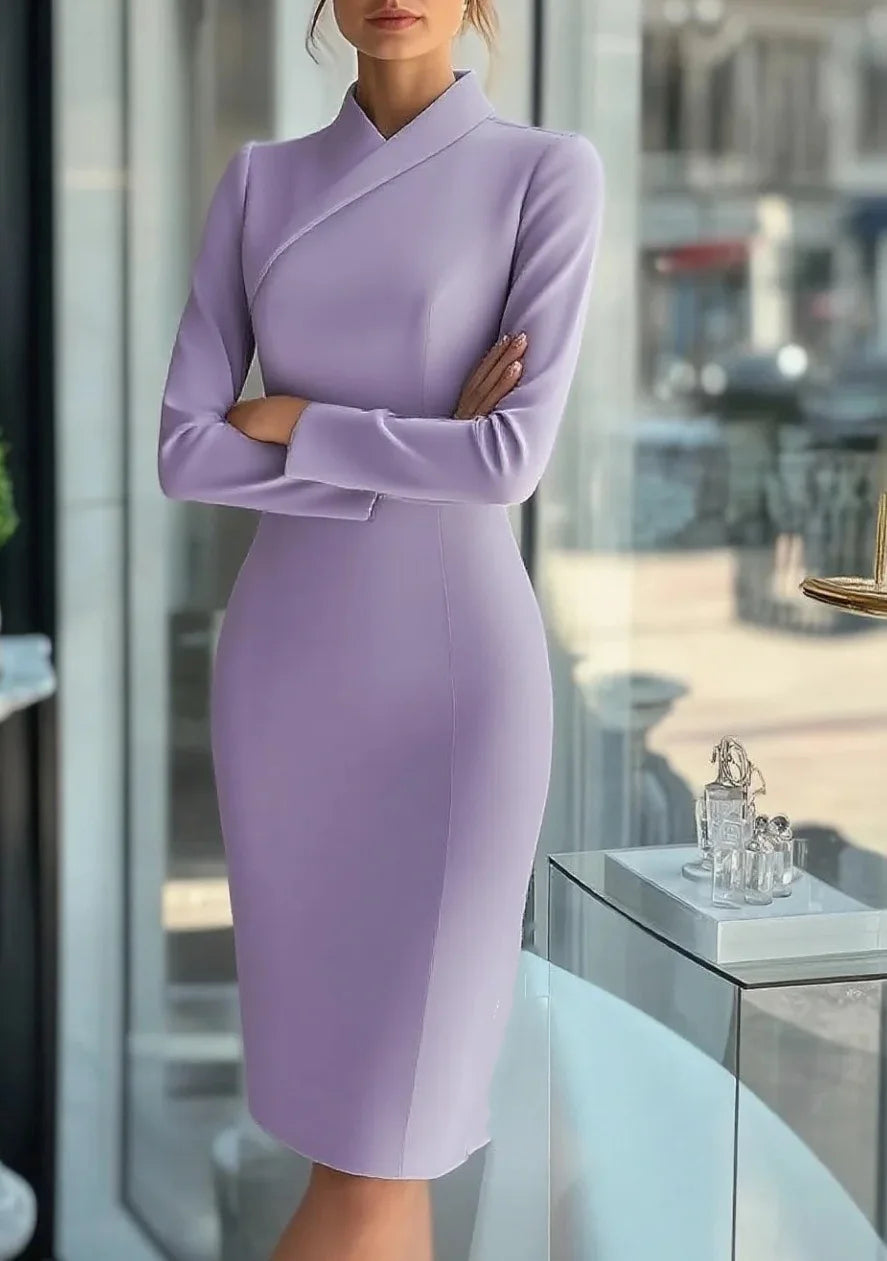 Office Lady Bodycon Midi Dresses For Women 2025 Fashion Solid Color Long Sleeve Slim Party Pencil Dress Elegant
