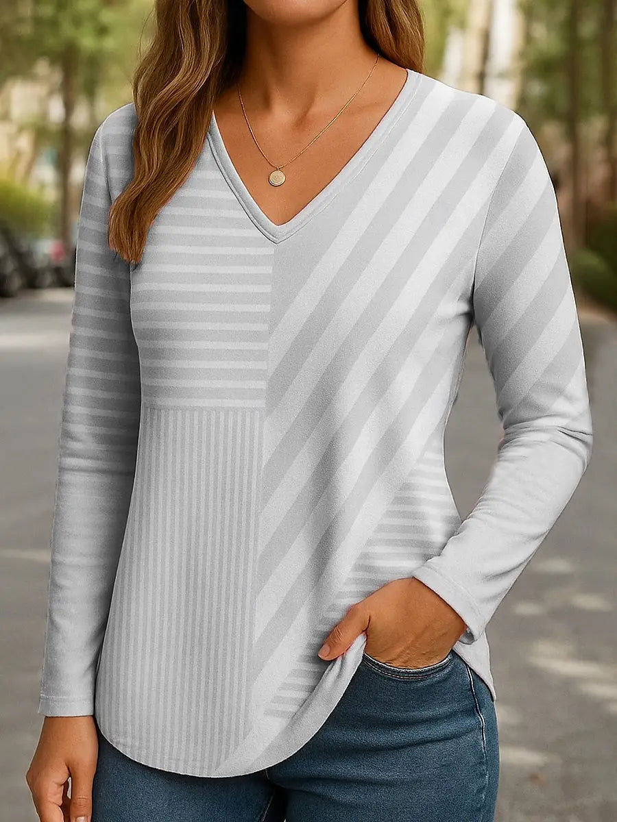 2025 Women's T-Shirt Graphic Geometric Striped Elegant Fashion Tee Long Sleeve T-shirts V-Neck Regular Tops Pullover Fall Winter