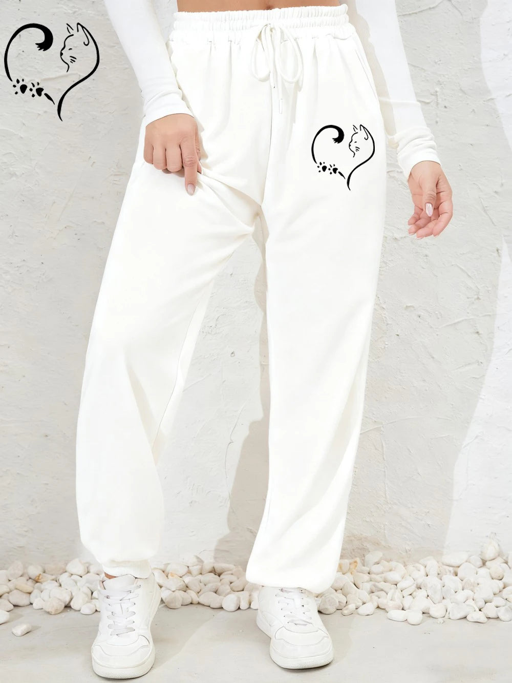 Cat Heart Prints Sweatpants Womens Autumn Winter Jogger Pants Elastic Waist Comfortable Loose Trousers Trend Womans Clothing