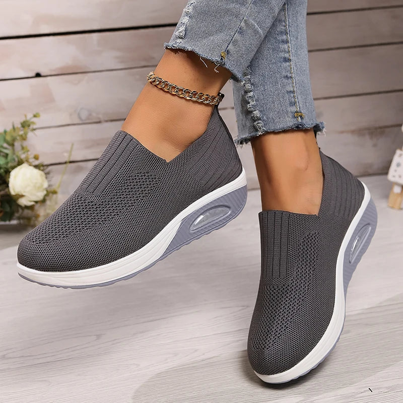 Breathable Knit Wedges Sneakers Woman Spring Autumn Slip On Platform Sport Sneakers Woman Plus Size Thick Sole Walking Shoes