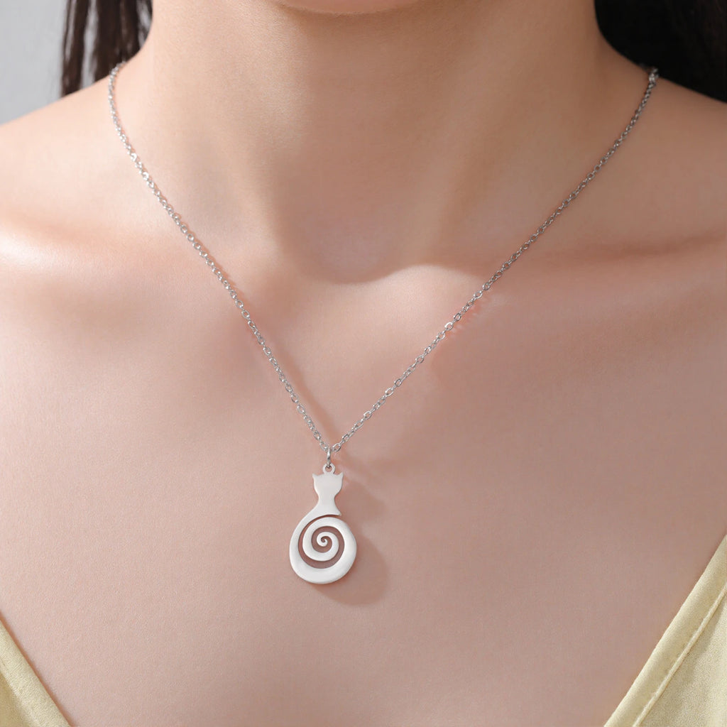 Cazador Cat Kitten Cute Swirl Spiral Tail Necklace Stainless Steel Pendant Women's Necklace Jewelry Birthday Gifts 2025 Trendy