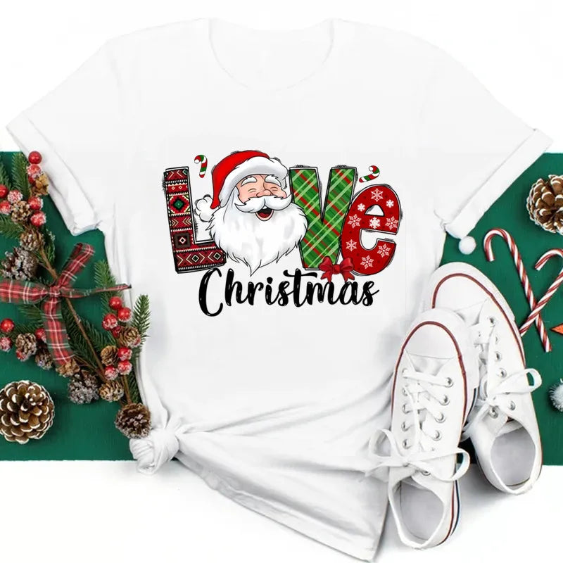 Funny Love Merry Christmas women's Clothes Santa Print Female T-shirts Black red white Casual Women Tops Xmas Party women's Tops