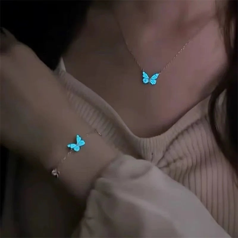 Fashion Blue Luminous Butterfly Necklace Bracelet Set for Glow in the Dark Women Clavicle Chain Choker Party Jewelry Set Gift