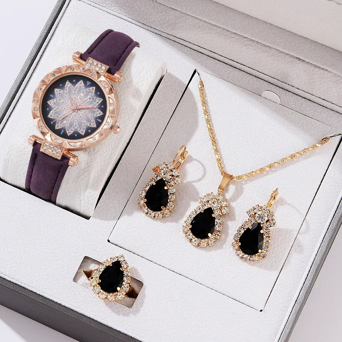 5/6PCS Set Rose Gold Luxury Watch Women Ring Necklace Earring Rhinestone Fashion Wristwatch Casual Ladies Bracelet( No Box)