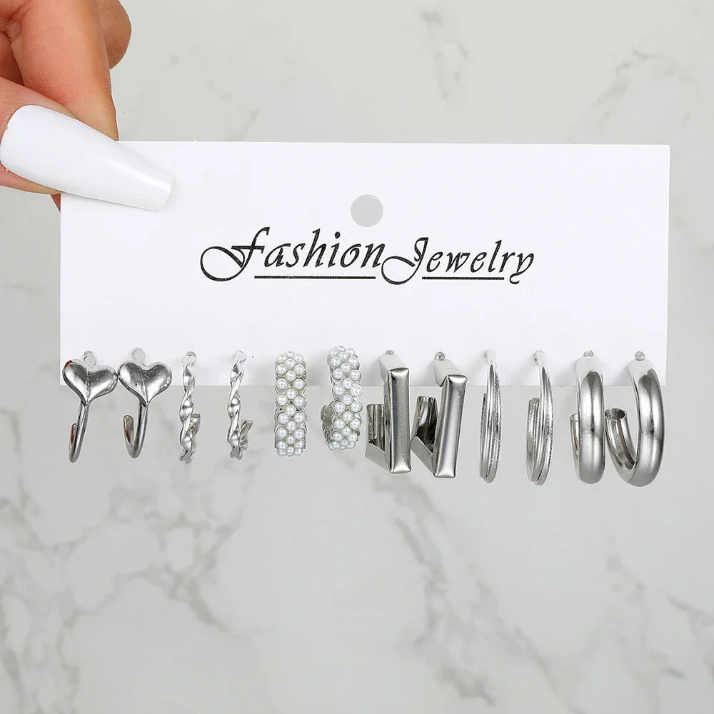 Boho Big Circle Hoop Earring Set for Women, Gold Color Bohemia Vintage Pearl Earring, Heart Zircon Ear Studs Jewelry Gifts