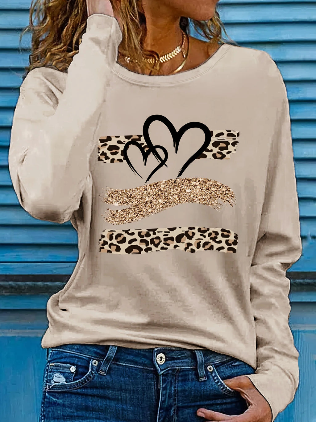 Women's Spring and Autumn 100% Cotton Fashion Casual Loose Leopard Pattern Heart Pattern Printed Round Neck Long Sleeve T-shirt