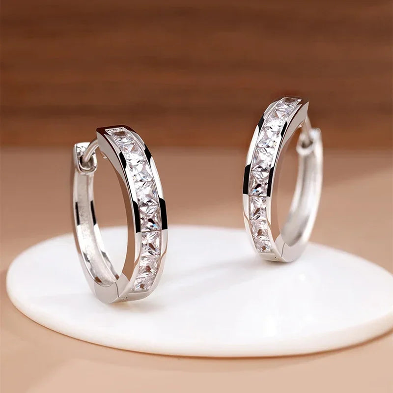 New 925 Sterling Silver Shining Zircon Earrings Women's Circle Round Earrings Fashionable Elegant Jewelry Birthday Party Gifts