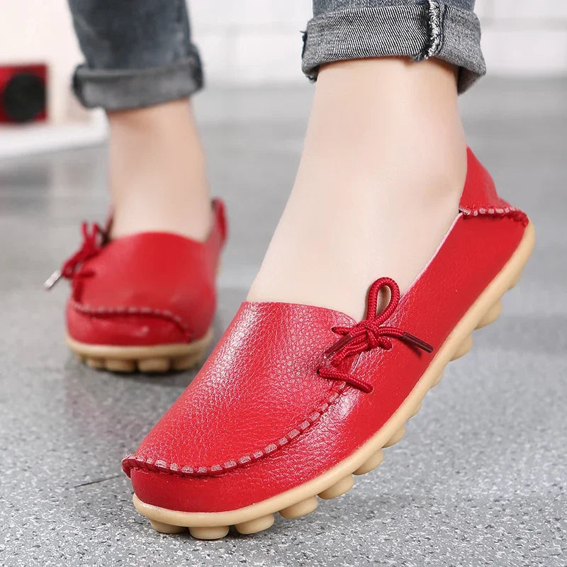 Moccasins Women Flats  Autumn New Woman Loafers Genuine Leather Female Shoes Slip on Ballet Bowtie Women's Shoes Big Size