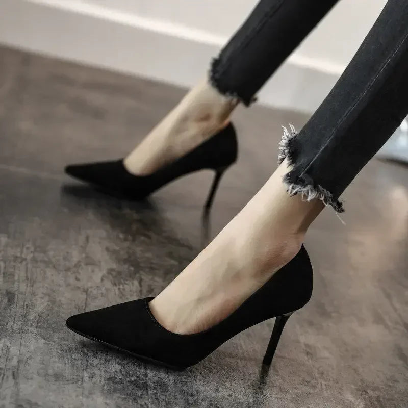 New Fashion women's shoes Sexy black high heels Sharp pointed suede pumps Elegant Shallow Mouth Shoes