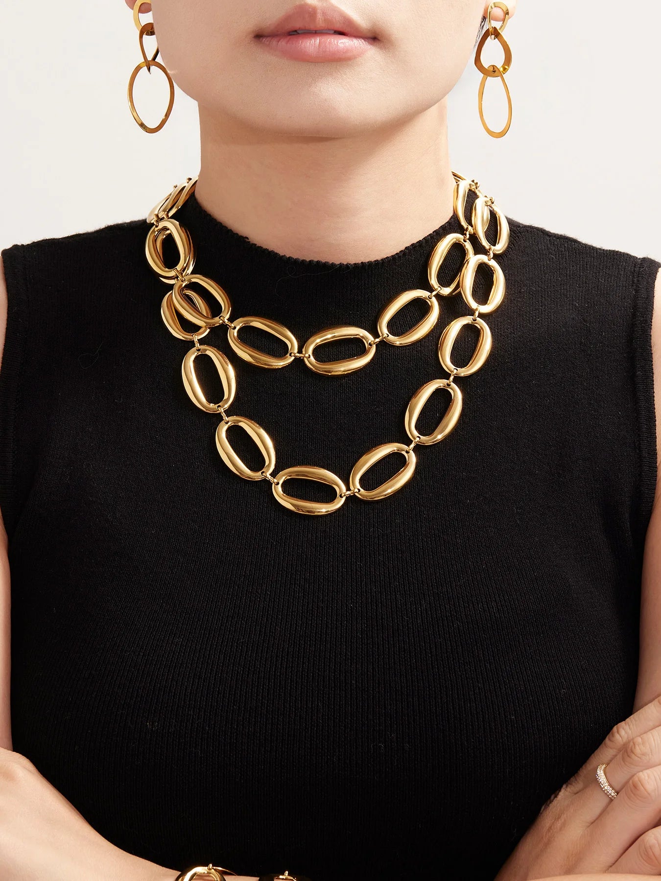 Stainless Steel Gold-Plated Oval Chain Necklace Bracelet Women's Punk Gold Color Silver Luxury Choker Waterproof Jewelry Set