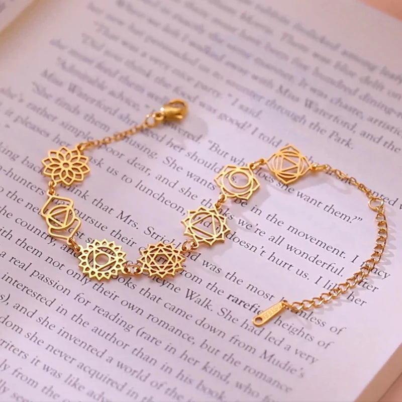 7 Chakra Yoga Balance Charm Bracelet Women Stainless Steel Gold Color Hand Bracelets Spiritual Jewelry Birthday Gift Wholesale