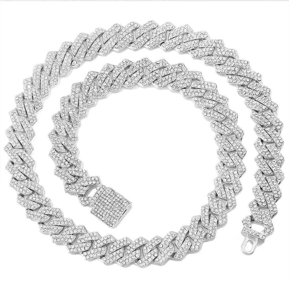 Iced Out Diamond Cuban Link Chain Necklace Men Women Rhinestone Paved Hip Hop Rhombus Cuban Necklaces Tennis Chain Jewelry Gift